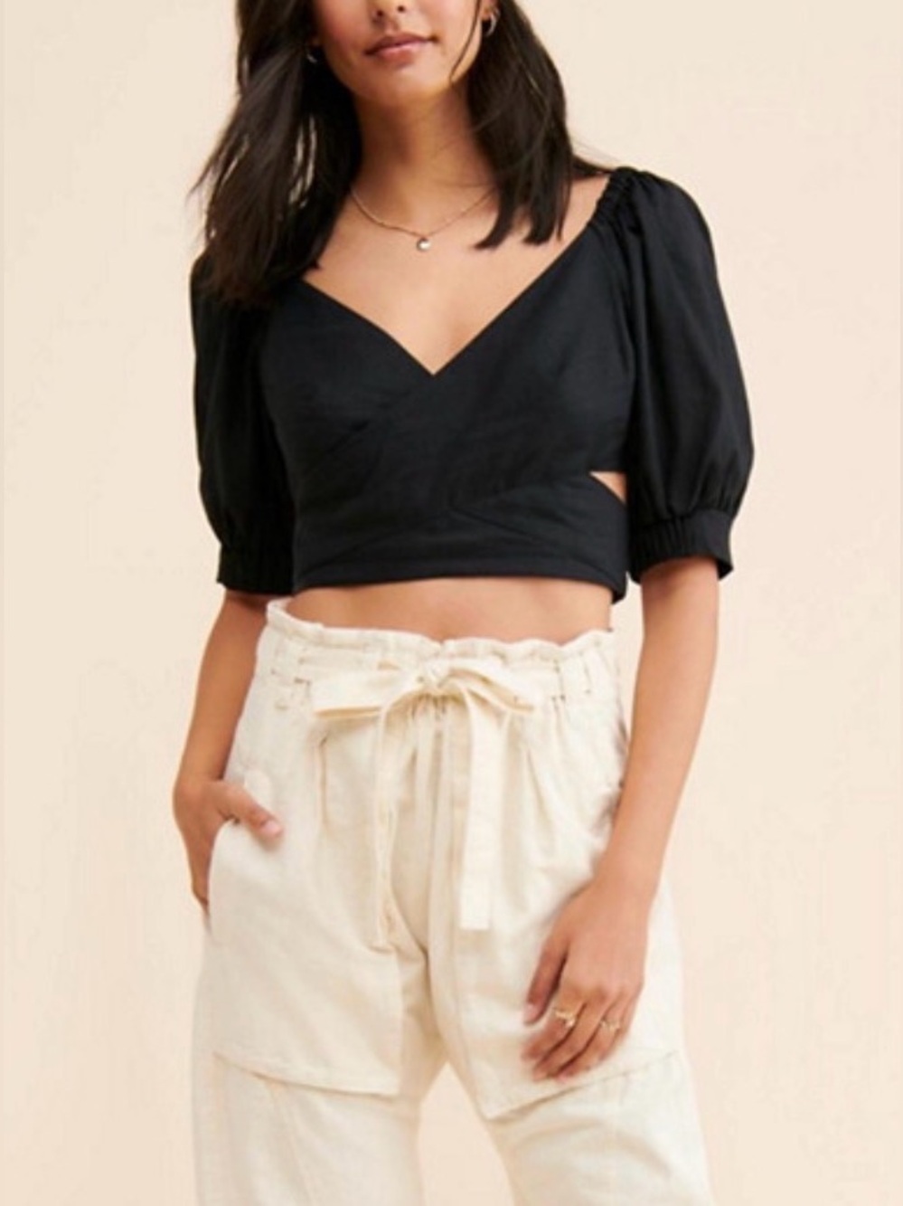 Anthropologie Black Puff-Sleeve Cropped V-Neck Top